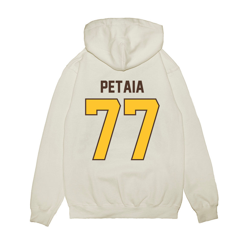 Wyoming - NCAA Football : Josiah Petaia - Vintage Helmet Premium Hooded Sweatshirt-1
