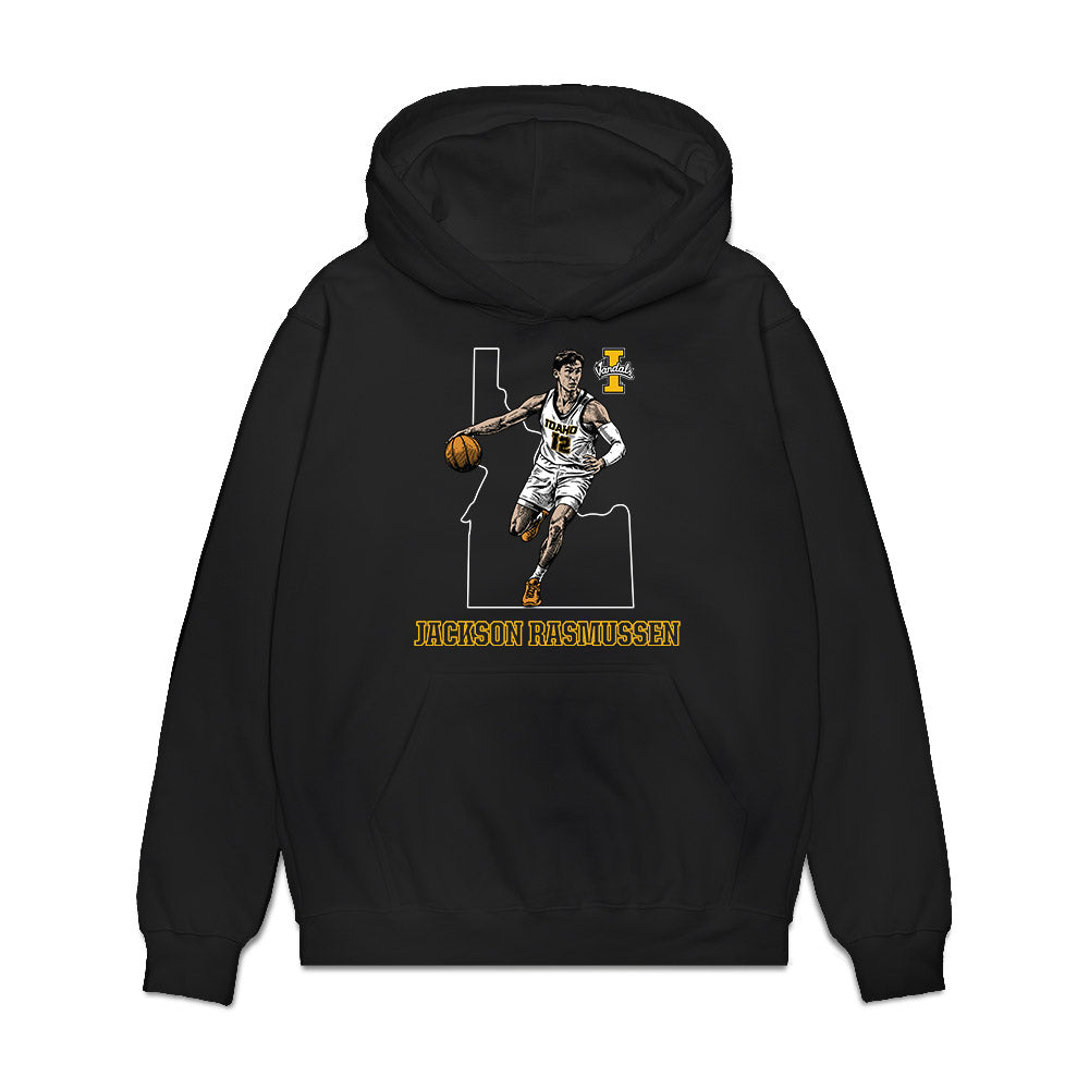 Idaho - NCAA Men's Basketball : Jackson Rasmussen - Caricature Premium Hooded Sweatshirt-0