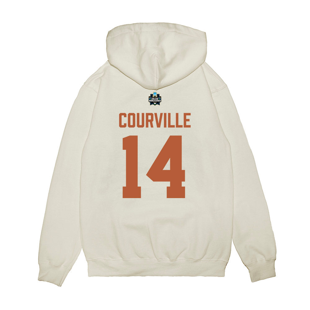 Texas - NCAA Baseball : Presley Courville - 2026 College World Series Texas Outline Premium Hooded Sweatshirt-1