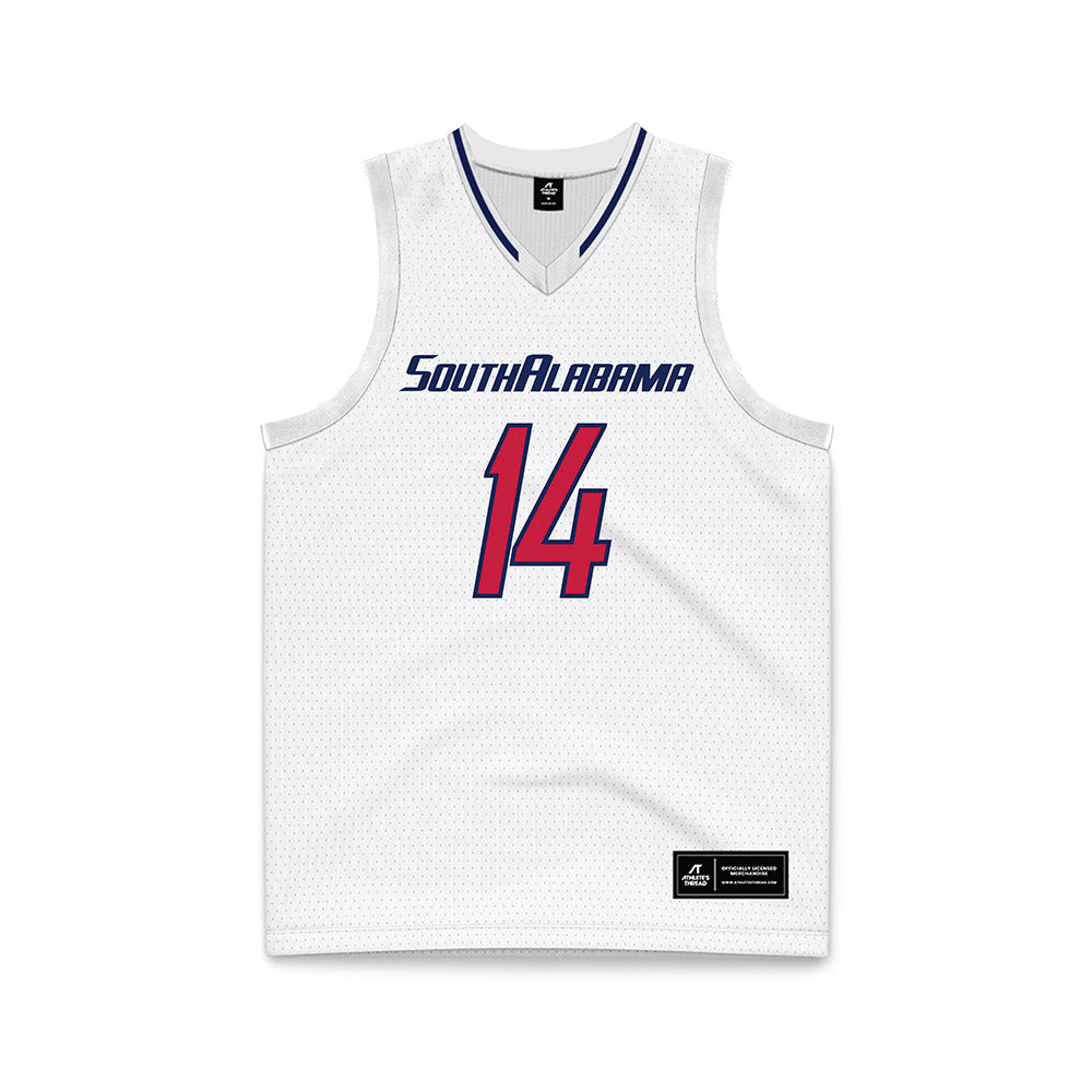 South Alabama - NCAA Men's Basketball : John Broom - White Basketball Jersey-0