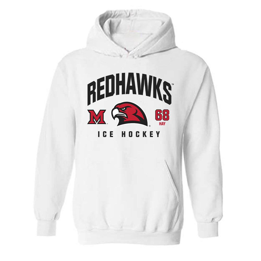 Miami of Ohio - NCAA Men's Ice Hockey : Ethan Hay - Classic Fashion Shersey Hooded Sweatshirt-0