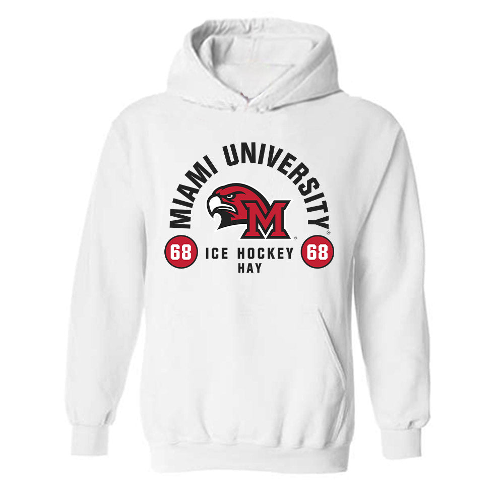 Miami of Ohio - NCAA Men's Ice Hockey : Ethan Hay - Classic Fashion Shersey Hooded Sweatshirt-0