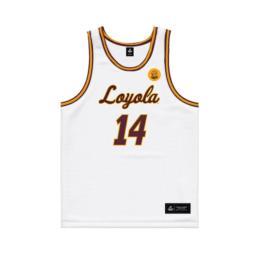 Loyola - NCAA Men's Basketball : Caleb Reese - Sister Jean 2025 White Basketball Jersey-0