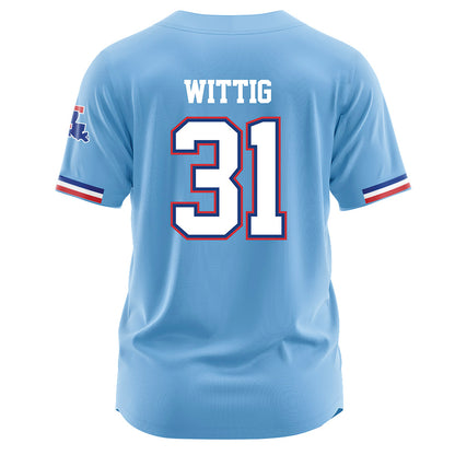 LA Tech - NCAA Baseball : Joey Wittig - Light Blue Jersey-1