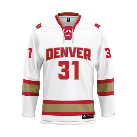 DU - NCAA Men's Ice Hockey : Johnny Hicks - White Hockey Jersey-0