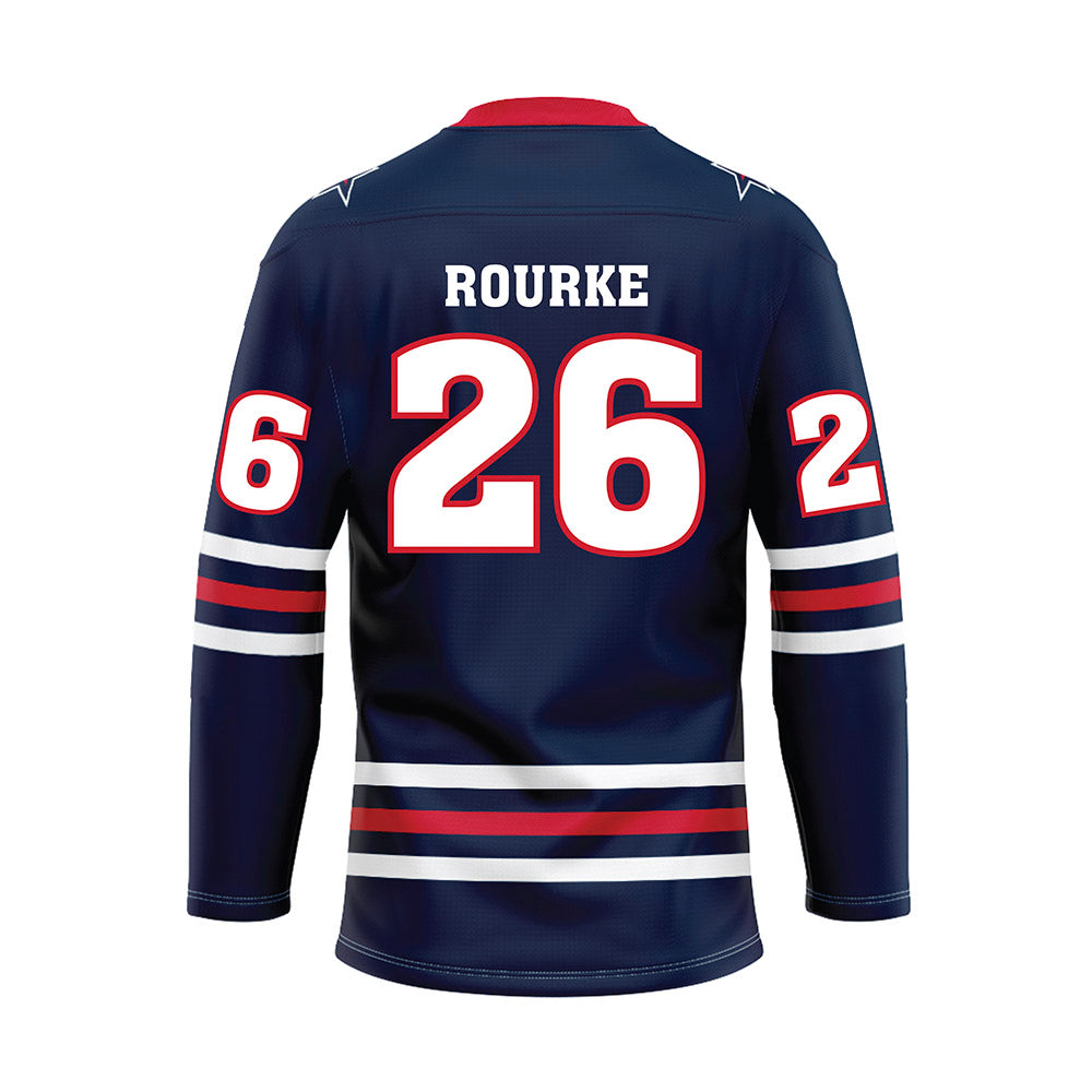 Robert Morris - NCAA Men's Ice Hockey : Braden Rourke - Navy Hockey Jersey-1
