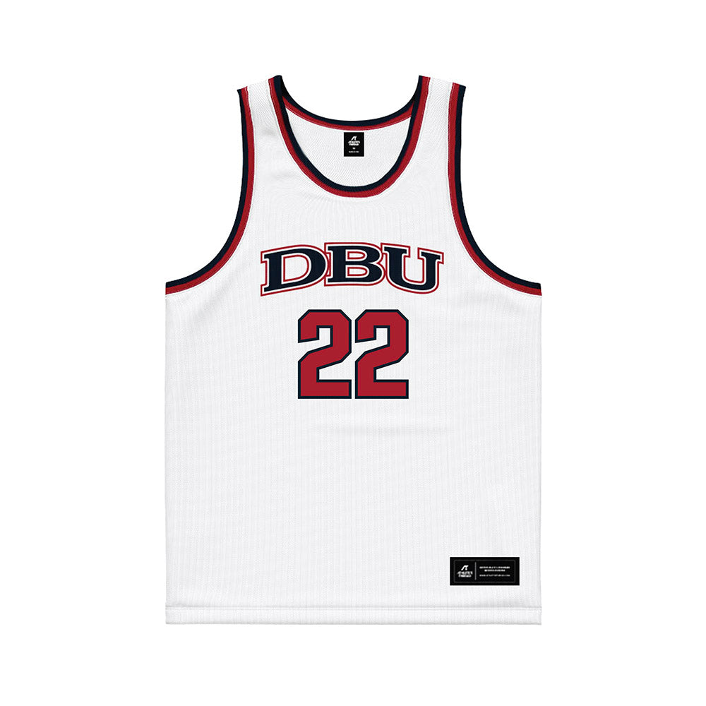 Dallas Baptist - NCAA Men's Basketball : Daniel Figueira - White Basketball Jersey-0