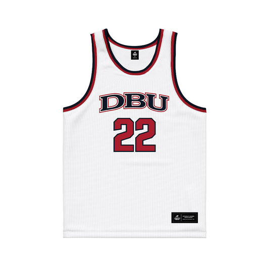 Dallas Baptist - NCAA Men's Basketball : Daniel Figueira - White Basketball Jersey-0