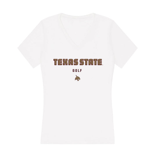 Texas State - NCAA Men's Golf : Lucky Cruz - Women's V-Neck T-Shirt-0