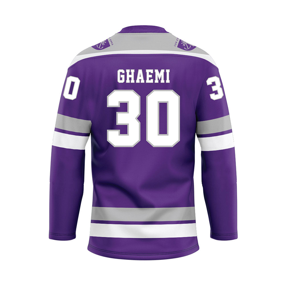 Stonehill - NCAA Men's Ice Hockey : Dylan Ghaemi - Purple Hockey Jersey-1