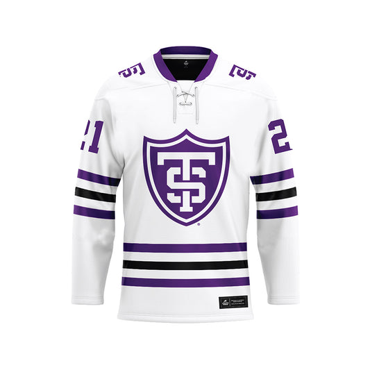 UST - NCAA Men's Ice Hockey : Carson Peters - White Hockey Jersey-0