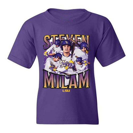 LSU - NCAA Baseball : Steven Milam - Collage Youth T-Shirt-0
