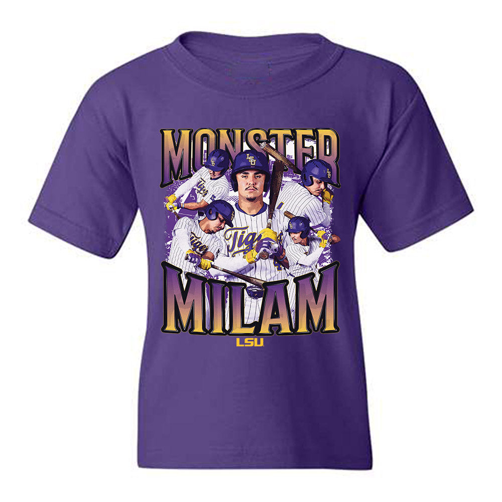 LSU - NCAA Baseball : Steven Milam - Monster Milam Collage Youth T-Shirt-0