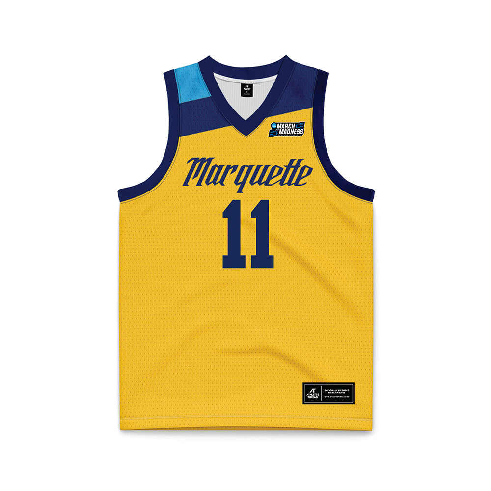 Marquette - NCAA Men's Basketball : Sananda Fru - Navy NCAA® March Madness® 2025 Gold Basketball Jersey-0