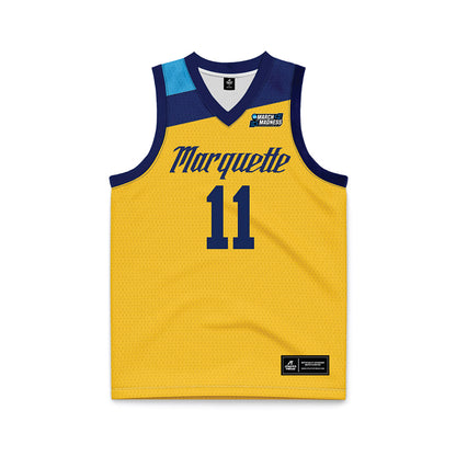 Marquette - NCAA Men's Basketball : Sananda Fru - Navy NCAA® March Madness® 2025 Gold Basketball Jersey-0