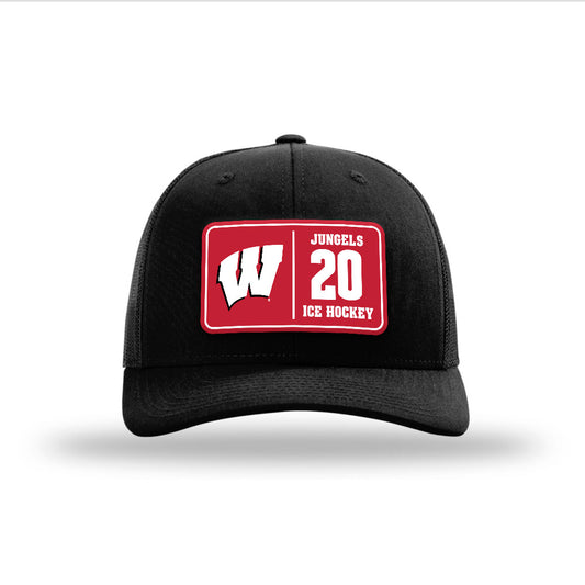 Wisconsin - NCAA Women's Ice Hockey : Vivian Jungels - Suede Patch Snapback Trucker Hat-0