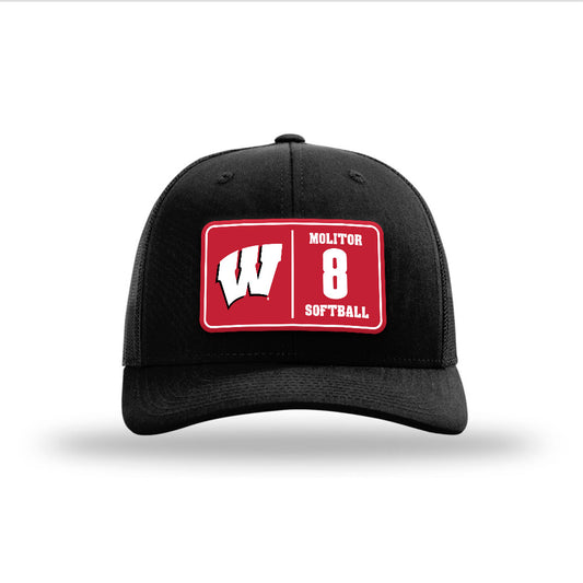Wisconsin - NCAA Softball : Kylee Molitor - Suede Patch Snapback Trucker Hat-0