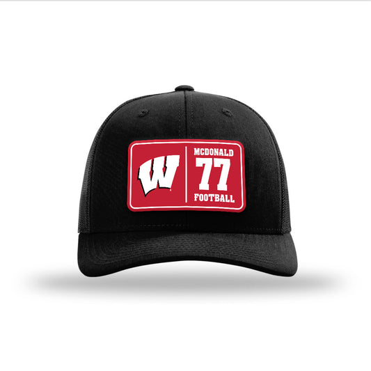 Wisconsin - NCAA Football : Will McDonald - Suede Patch Snapback Trucker Hat-0