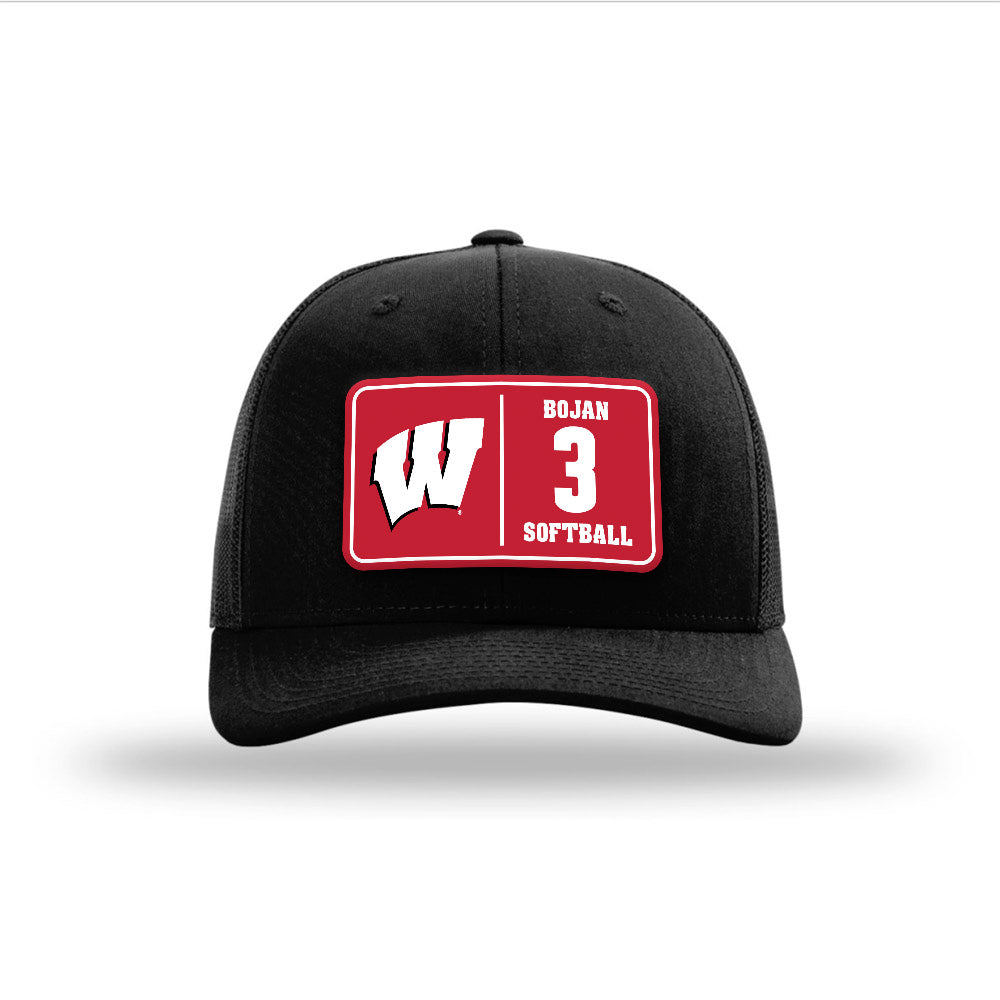 Wisconsin - NCAA Softball : Emily Bojan - Suede Patch Snapback Trucker Hat-0