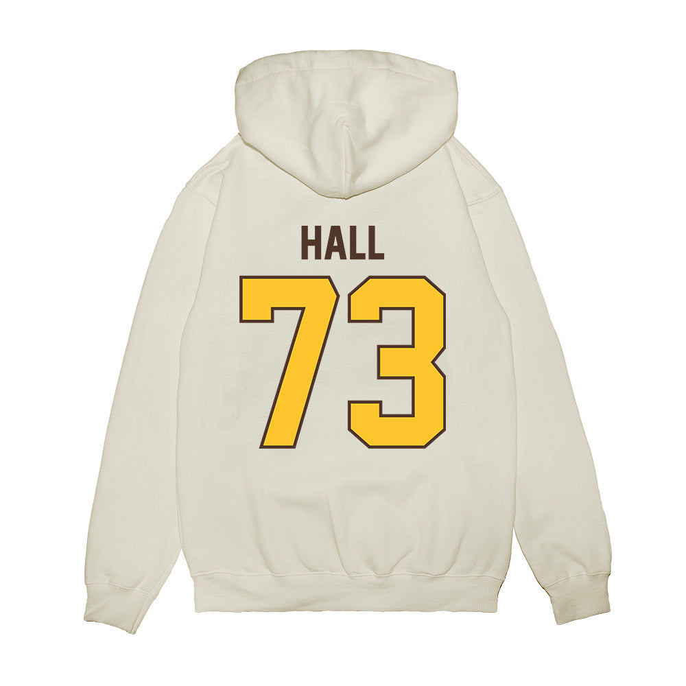 Wyoming - NCAA Football : Caleb Hall - Vintage Helmet Premium Hooded Sweatshirt-1