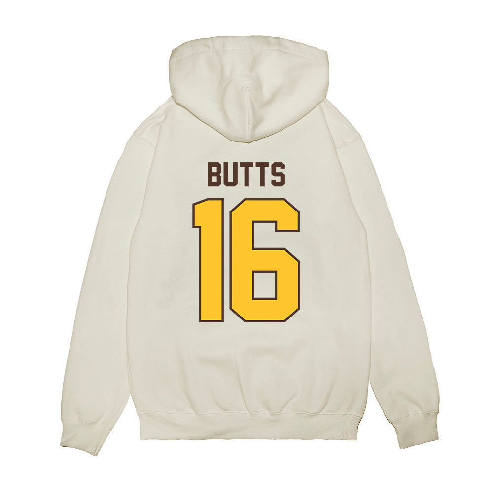 Wyoming - NCAA Football : Karson Butts - Vintage Helmet Premium Hooded Sweatshirt-1