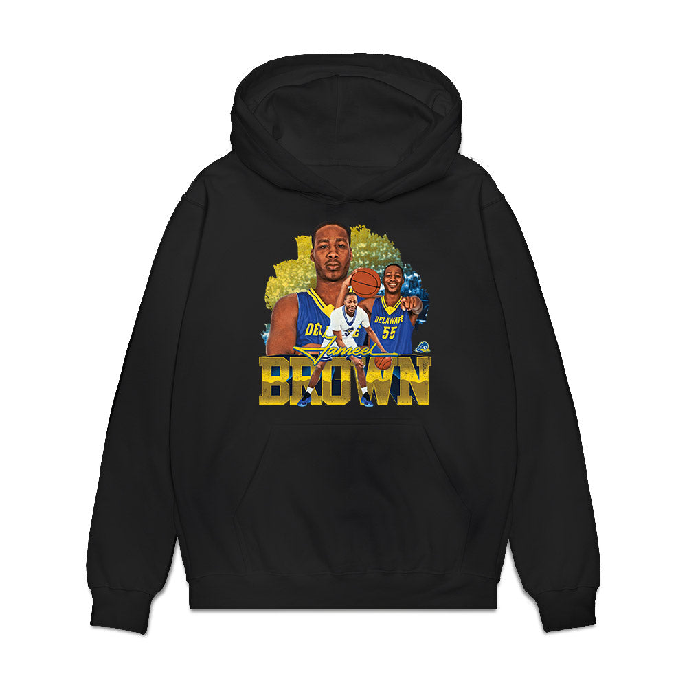 Delaware - NCAA Men's Basketball : Jameel Brown - Caricature Premium Hooded Sweatshirt-0