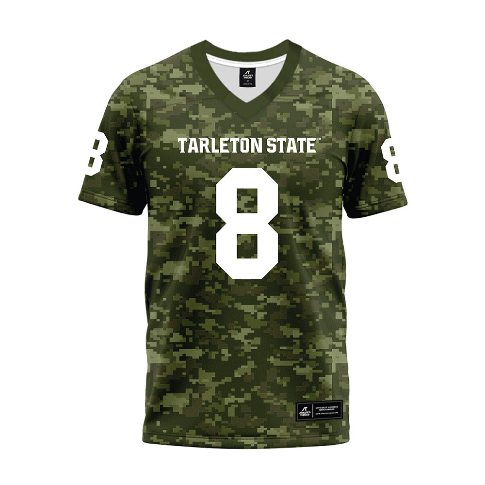 Tarleton State - NCAA Football : Braedyn Locke - Military Green Camo Premium Football Jersey-0