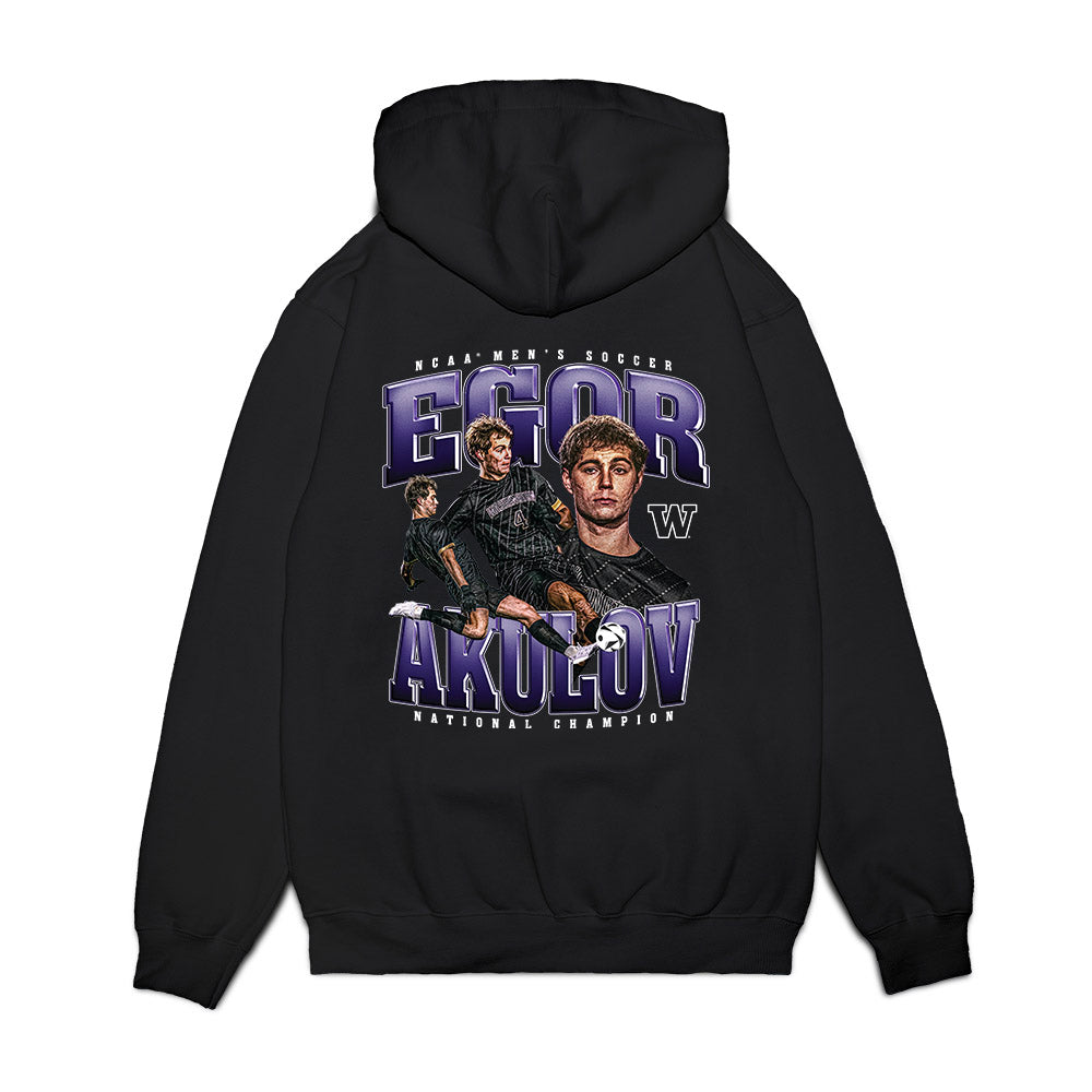 Washington - NCAA Men's Soccer : Egor Akulov - National Champs Premium Hooded Sweatshirt-1