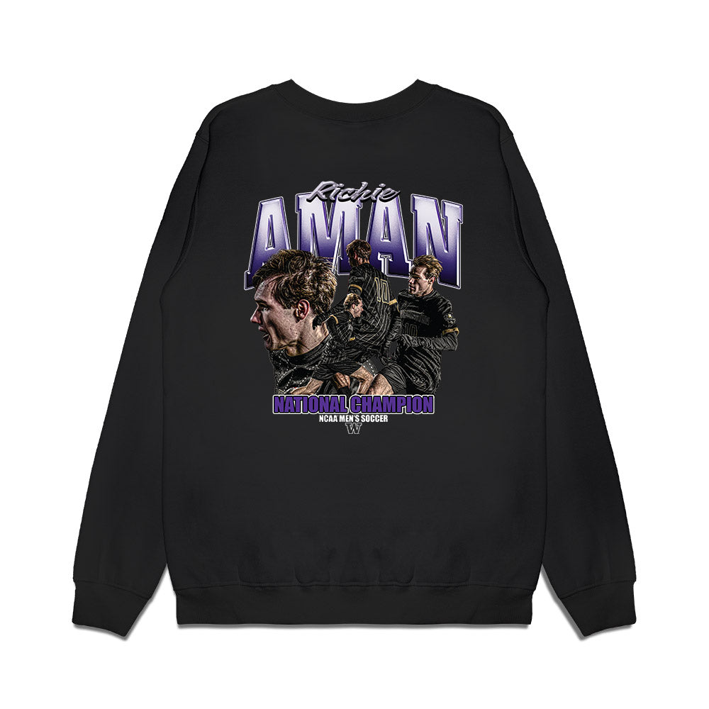 Washington - NCAA Men's Soccer : Richie Aman - National Champs Premium Crewneck Sweatshirt-1