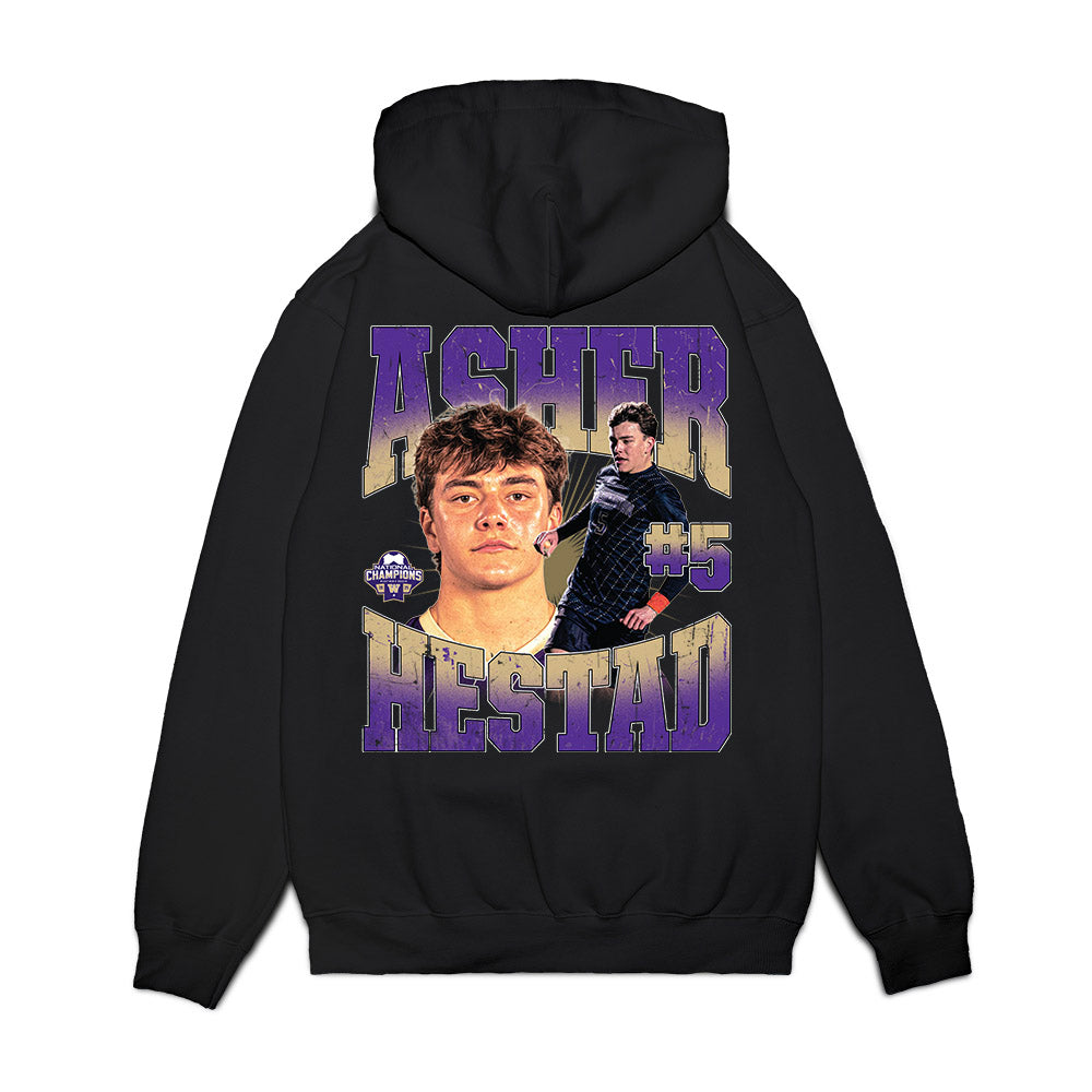 Washington - NCAA Men's Soccer : Asher Hestad - National Champs Premium Hooded Sweatshirt-1