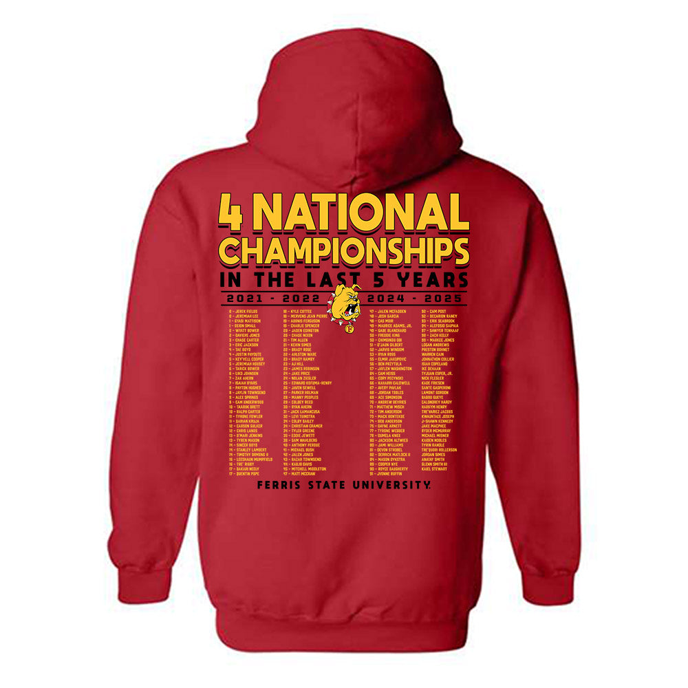 Ferris State - NCAA Football : - 5 years National Champions Roster Hooded Sweatshirt-1