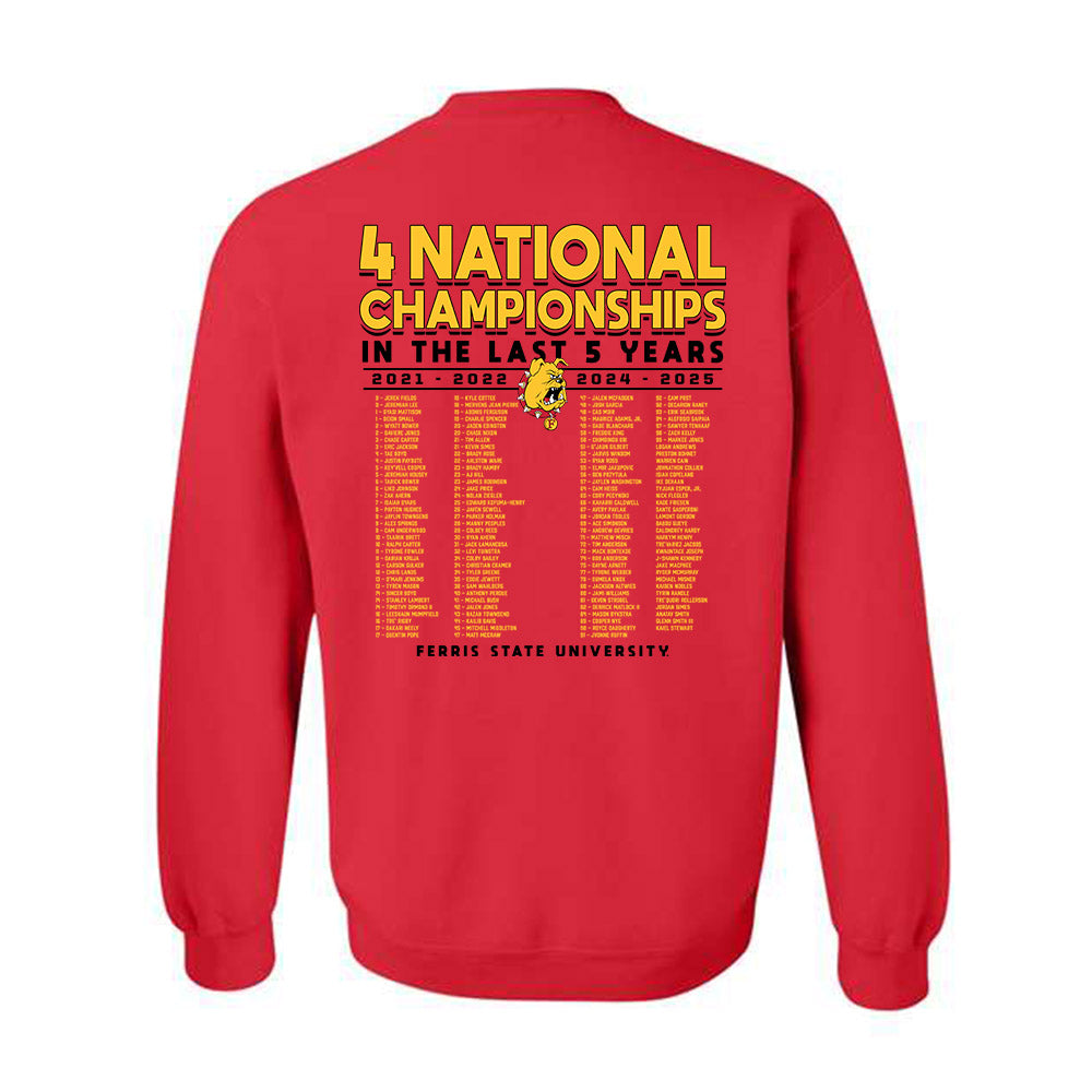 Ferris State - NCAA Football : - 5 years National Champions Roster Crewneck Sweatshirt-1