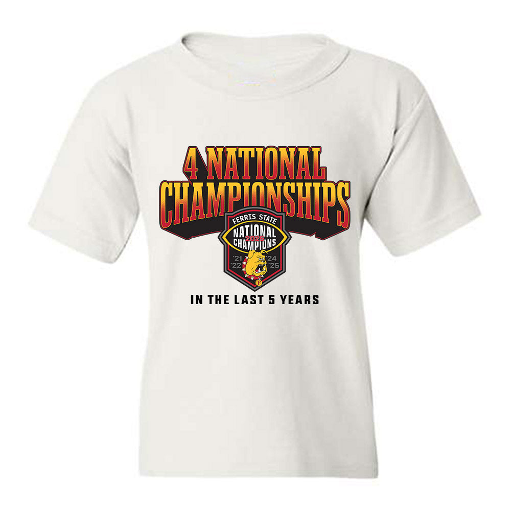 Ferris State - NCAA Football : Sam Cummings - 5 years National Champions Youth T-Shirt-0