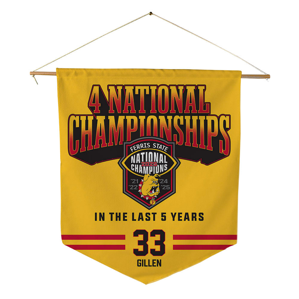 Ferris State - NCAA Football : Coties Gillen - 4 National Championships Pennant - 18" x 21"-0