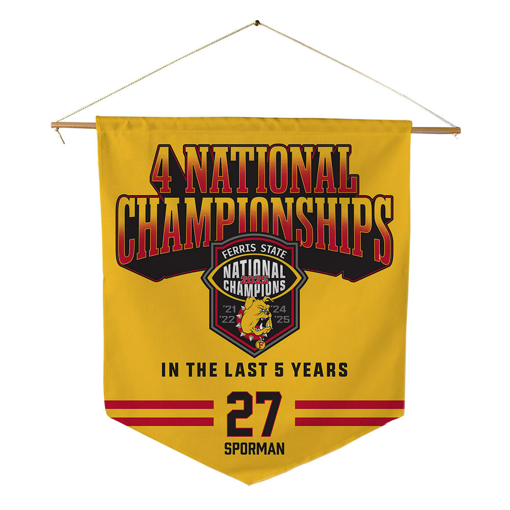 Ferris State - NCAA Football : Ben Sporman - 4 National Championships Pennant - 18" x 21"-0