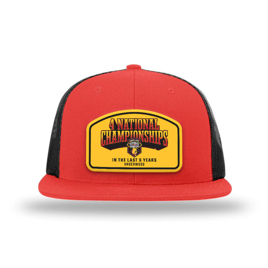 Ferris State - NCAA Football : Cam Underwood - National Champions Leather Patch Flatbill Trucker Hat-0