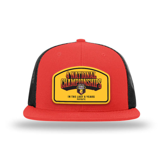 Ferris State - NCAA Football : Justin payoute - National Champions Leather Patch Flatbill Trucker Hat-0