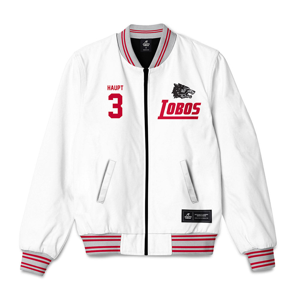 New Mexico - NCAA Men's Basketball : Luke Haupt - 90's White Bomber Jacket-0