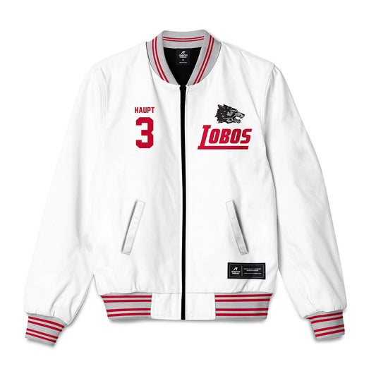 New Mexico - NCAA Men's Basketball : Luke Haupt - 90's White Bomber Jacket-0