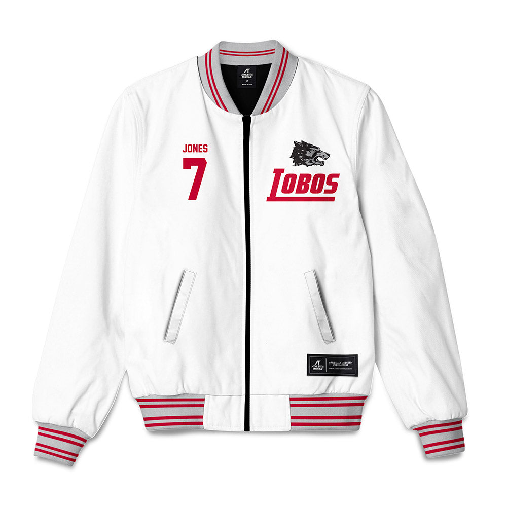 New Mexico - NCAA Men's Basketball : Sir Marius Jones - 90's White Bomber Jacket-0