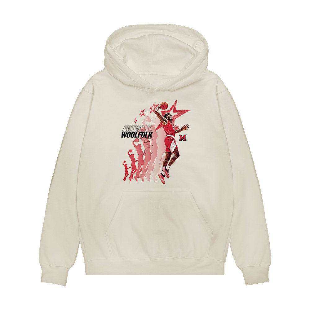 Miami of Ohio - NCAA Men's Basketball : Antwone Woolfolk - Graphic Premium Hooded Sweatshirt-0
