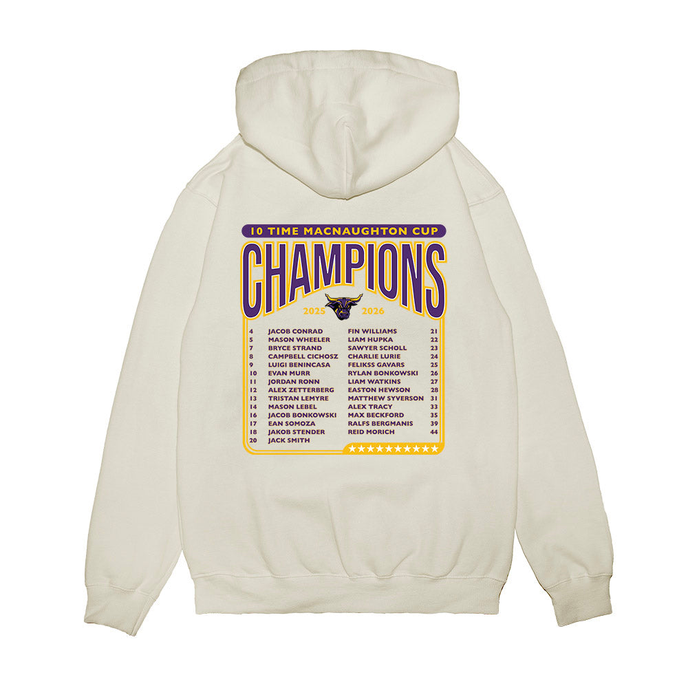 Minn. St. - NCAA Men's Ice Hockey : - 10x McNaughton Cup Champions Roster Premium Hooded Sweatshirt-1