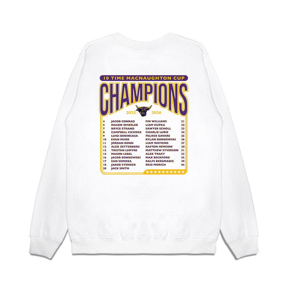 Minn. St. - NCAA Men's Ice Hockey : - 10x McNaughton Cup Champions Roster Premium Crewneck Sweatshirt-1