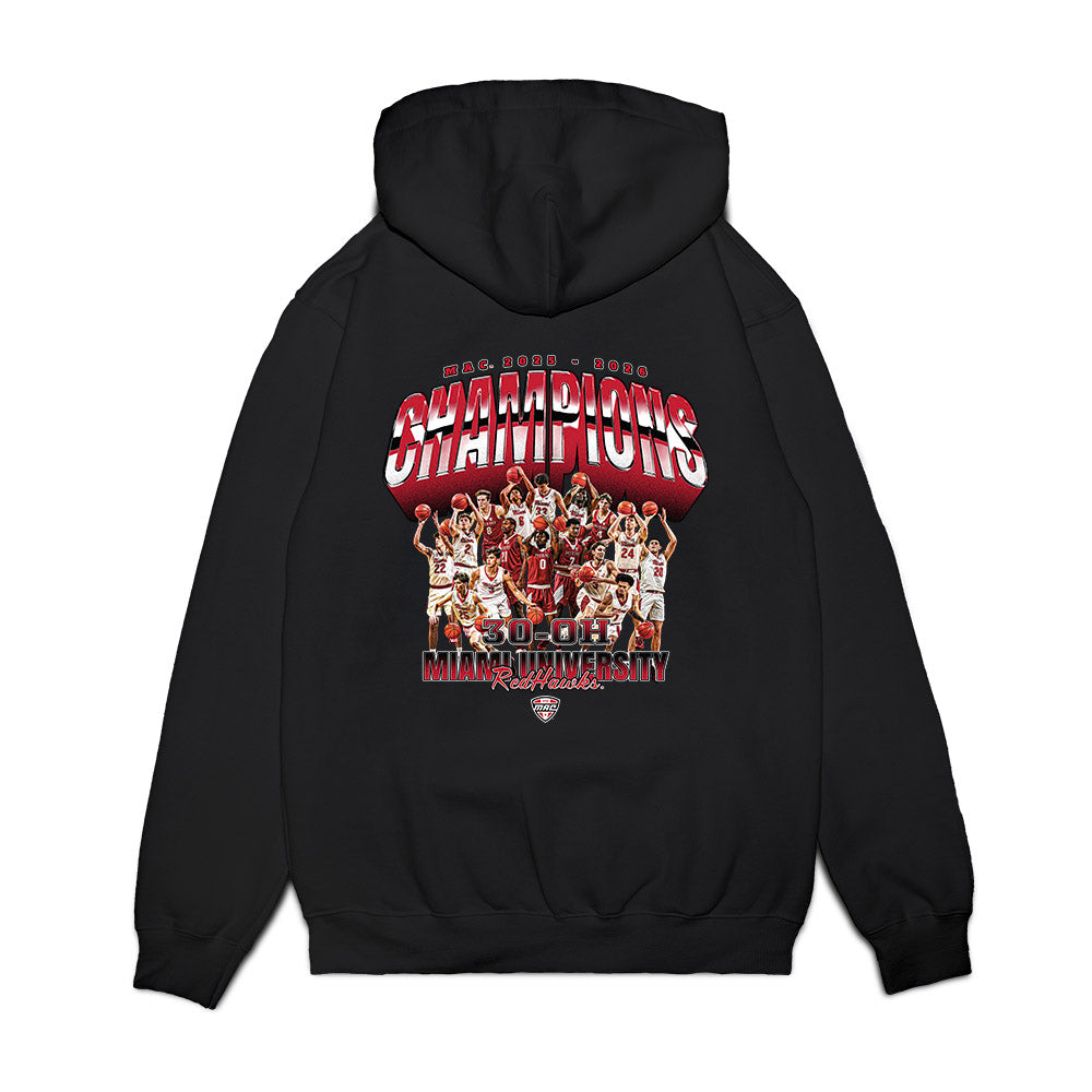 Miami of Ohio - NCAA Men's Basketball : MAC '25-'26 Champions Team Collage Premium Hooded Sweatshirt-1