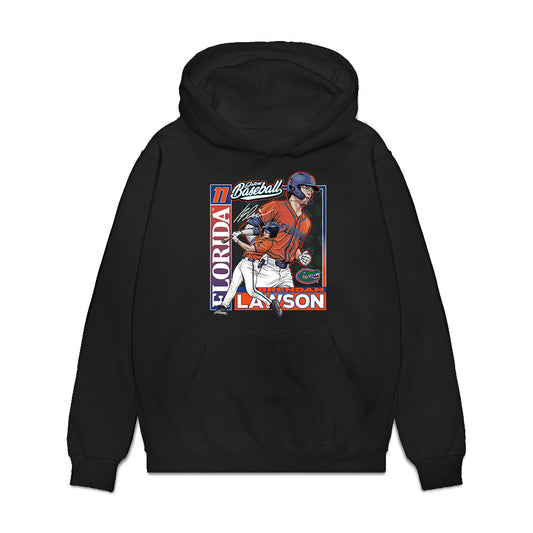 Florida - NCAA Baseball : Brendan Lawson - Card Caricature Premium Hooded Sweatshirt-0
