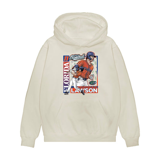 Florida - NCAA Baseball : Brendan Lawson - Card Caricature Premium Hooded Sweatshirt-0