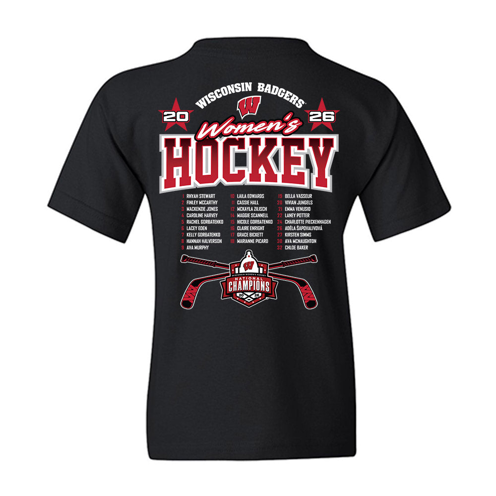 Wisconsin - NCAA Women's Ice Hockey : - 2026 National Champions Roster Youth T-Shirt-1