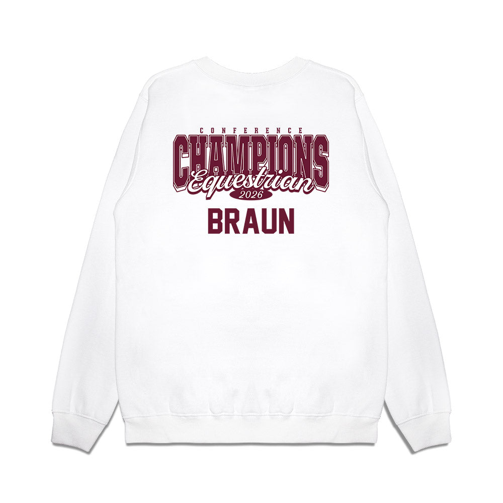 Texas A&M - NCAA Equestrian : Meagan Braun - Conference Champions Premium Crewneck Sweatshirt-1