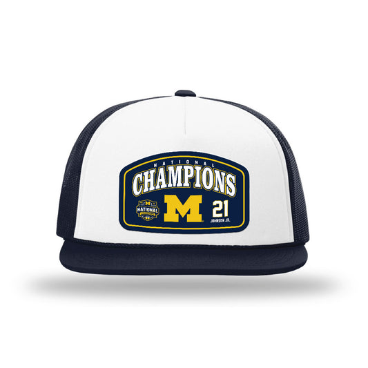 Michigan - NCAA Men's Basketball : Morez Johnson Jr. - National Champions NCAA® March Madness® 2026 Foamie Trucker Cap-0