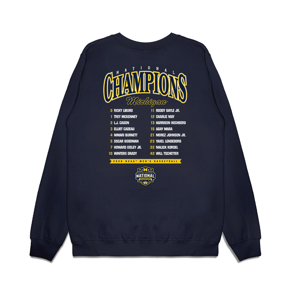 Michigan - NCAA Mens Basketball - National Champions NCAA® March Madness® 2026 Roster List Premium Crewneck Sweatshirt-1